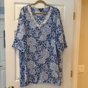 Lands' End Blue and White Floral Cotton Swim Coverup